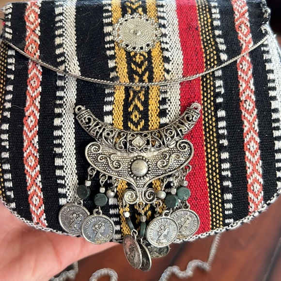 Hard Shell Artsy Boho Purse with Chain Strap and Coin Details Cotton Exterior - Picture 5 of 5